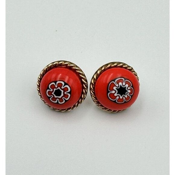 Signed XO 12k GF Orange Blue Millefiore‎ Murano Glass Cabochon Pierced Earrings - Picture 4 of 7